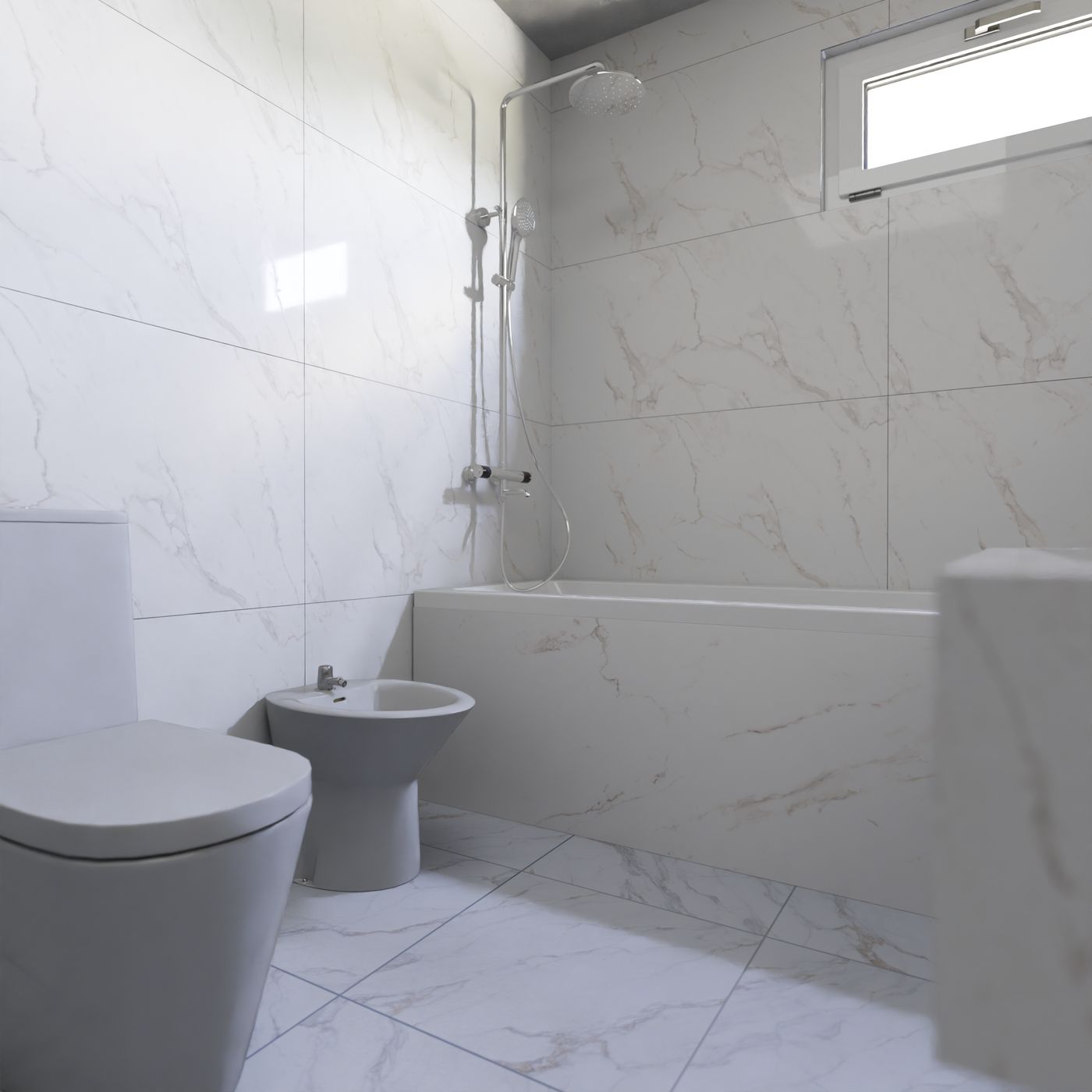 Salle de bain lumineuse avec revêtement effet marbre